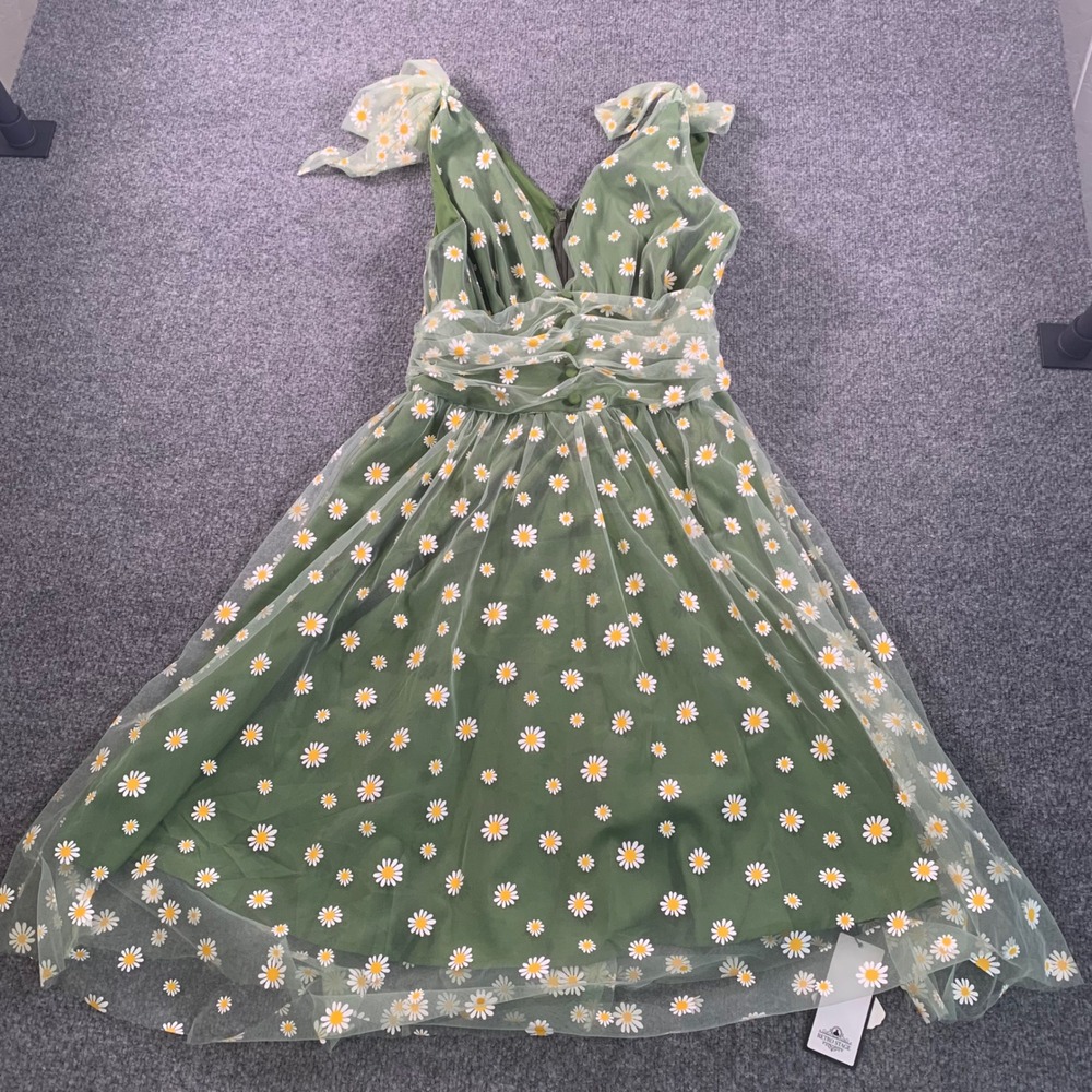 Retro Stage Green Daisy Print Tulle Midi Dress Tie Shoulder Floral V-Neck New M